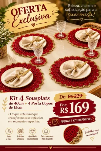Kit 4 Sousplats de crochê Luxo 40cm + 4 porta copos de 15cm
