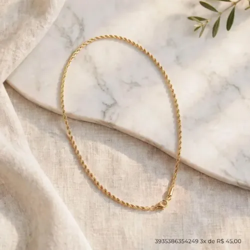 Colar Cordão Baiano Rope 3mm Dourado - Colar Torcido Ouro 18k 40cm + Extensor
