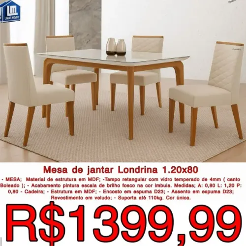 MESA LONDRINA COM VIDRO LUXO EM MEGA OFERTA 4 OU 6 CADEIRAS