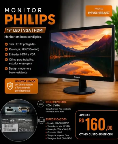 Monitor Philips 19" LED HDMI/VGA - Ótimo estado