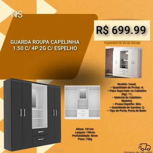 Guarda roupa capelinha com 1,50 de altura pague na entrega 