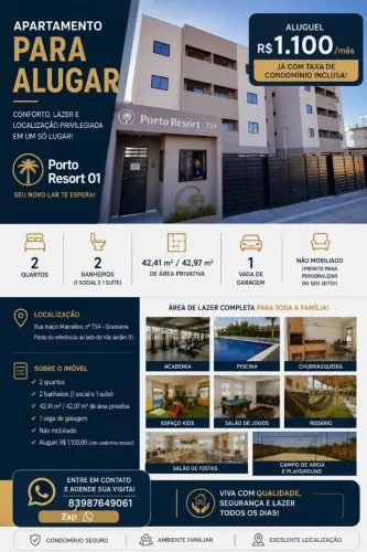 Apartamento para Alugar | Porto Resort 01 | 2 Quartos | R$ 1.100 (Condomínio Incluso)