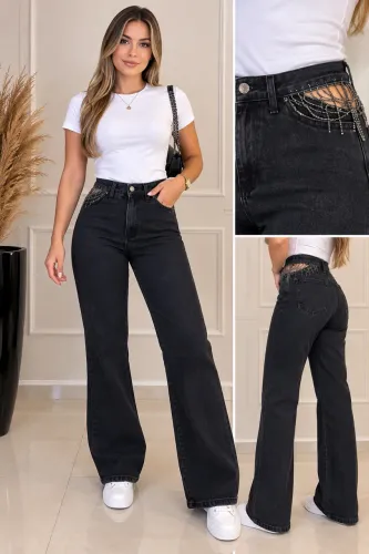 Calça Jeans Renner cintura alta reta cor preta com abertura nas laterais