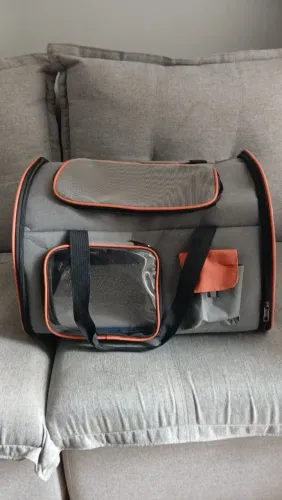 Bolsa Mochila De Transporte Pet Luxo - Cães E Gatos (Cinza/Laranja)
