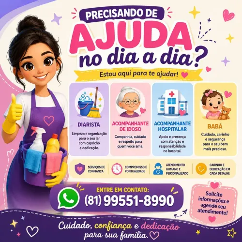 Disponível para babá , acompanhante hospitalar e cuidadora de idoso e faxina