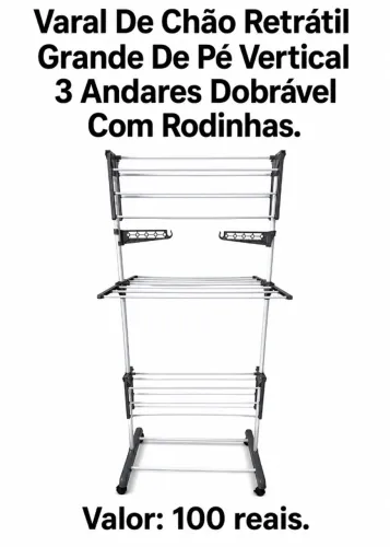 Varal De Chão Retrátil Grande De Pé Vertical 3 Andares Dobrável Com Rodinhas