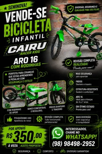 ? BICICLETA INFANTIL CAIRU RACER KIDS - ARO 16<br>? SEMINOVA - POUQUÍSSIMO USO!