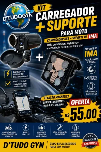 Suporte de celular magnético ? 6 ímãs + Carregador USB de moto