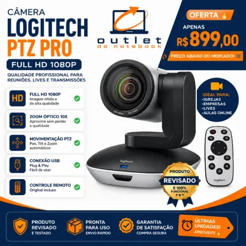 Camera Logitech PTZ PRO Full HD 10x Zoom Ideal Igrejas Streaming e Reuniões