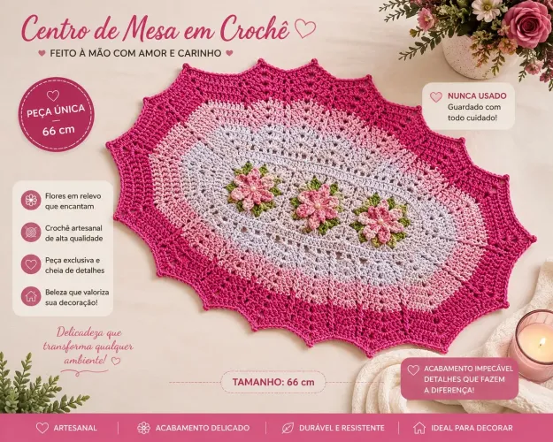 Tapete de crochê rosa 66cm