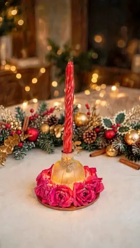 Castiçal com flores douradas e vela trocida vermelha