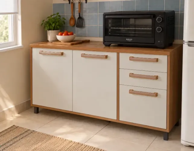 >NOVO< Balcão de Cozinha Branco e Amadeirado com 3 Portas e 2 Gavetas
