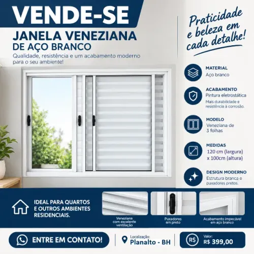 Janela Veneziana 3 Folhas Aço Branco 1,20 x 1,00m - Preço de Fábrica!