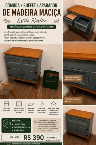 CÔMODA/ BUFFET / APARADOR EM MADEIRA MACIÇA<br>Versátil. resi