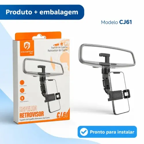 Suporte veicular articulado para instalação no retrovisor interno do carro. Possui rotação