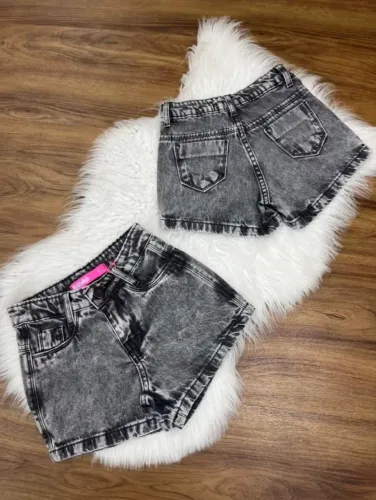 Short Jeans Preto Marmorizado Infantil/Juvenil Meninas Tecido Grosso