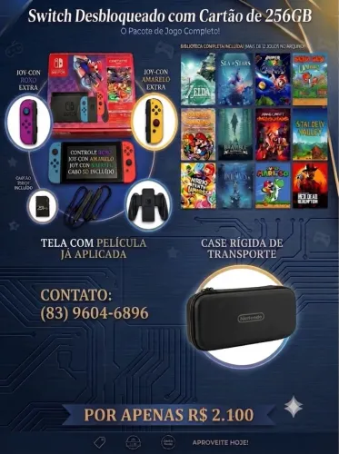 Nintendo Switch Completo - Desbloqueado + Cartão de 256GB!