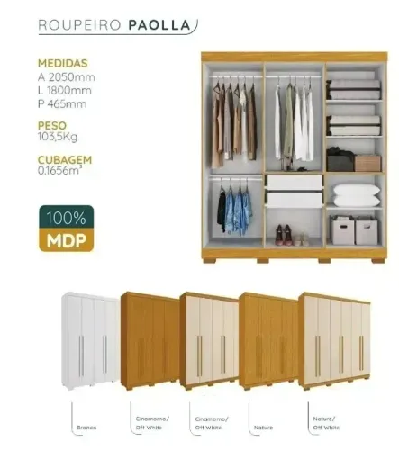 Guarda Roupa Paola Acp - Em até 10x sem juros (1,80m de Largura)