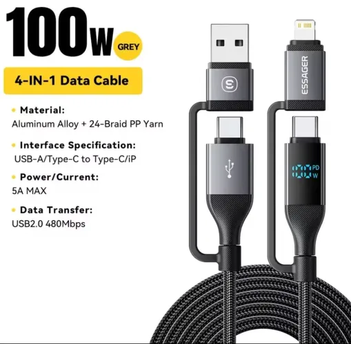 Cabo Essager 4 em 1 com display em Nylon trançado 2M