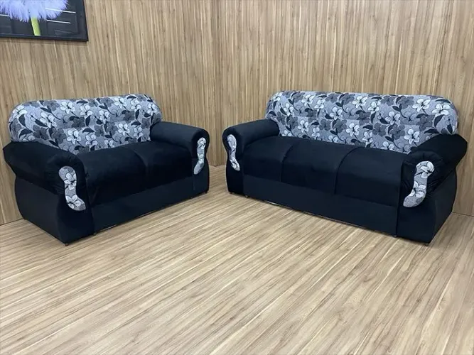 Conjunto de Sofás 2 e 3 Lugares Suede Preto/Floral