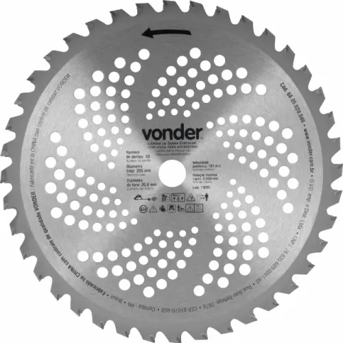 Lâmina circular com vídea, para roçadeiras, 255 mm x 20 mm, 40 dentes, VONDER 