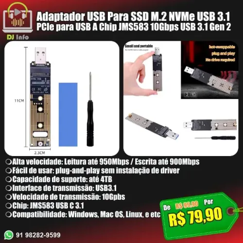 Adaptador USB Para SSD M.2 NVMe USB 3.1 Chip JMS583 10Gbps USB 3.1 Gen 2