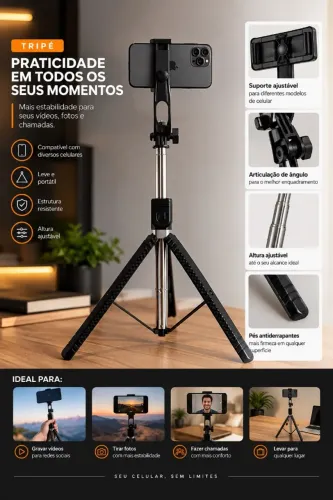 Tripé Profissional para Celular Ajustável e Portátil