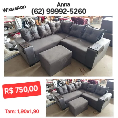 Sofá de canto cinza com puff