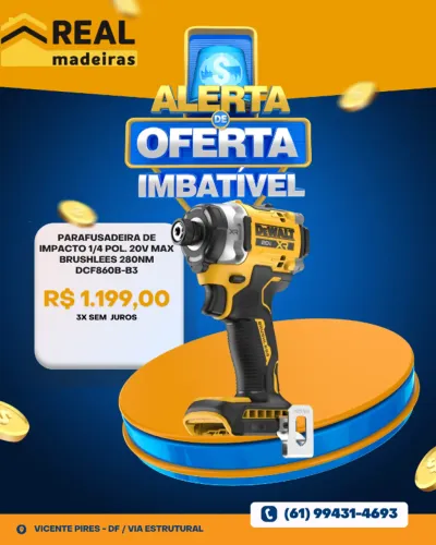 PARAFUSADEIRA DE IMPACTO DEWALT 1/4? 20V MAX* LI-ION, BRUSHLESS, S/ BATERIA E CARREGADOR