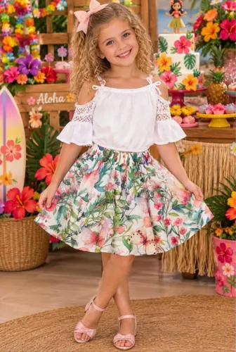 conjunto saia floral e blusa de renda