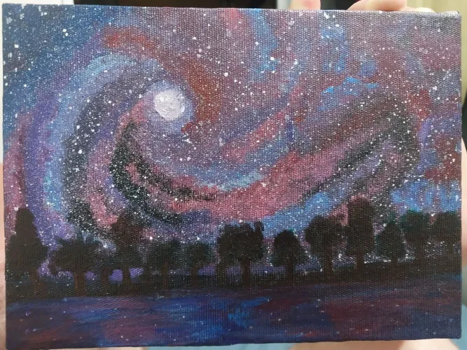 Minha primeira pintura: Galáxia refletida no lago