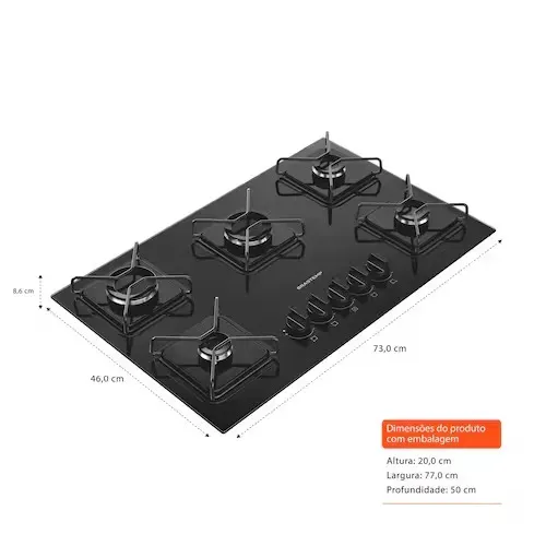 Cooktop 5 Bocas Brastemp BDD75BE Mesa de Vidro Grade de Aço Ferro Aramado Bivolt Preto