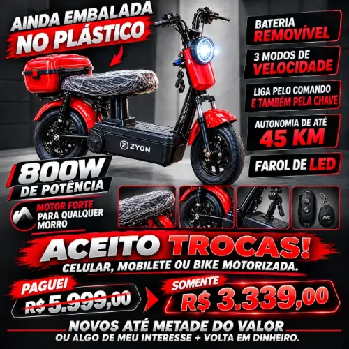 MOTO/BIKE ELÉTRICA ZYON 800W - NOVA trocas , Celular, Mobilete ou Bike Motoriz. c/Volta