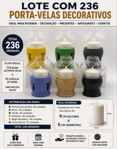 Lote com 236 porta-velas decorativos e 40 cúpulas de vidro. 