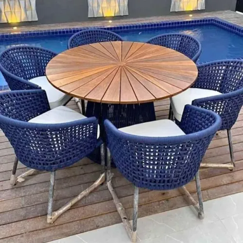 CONJUNTO MESA DE CORDA NÁUTICA COM TAMPO DE MADEIRA