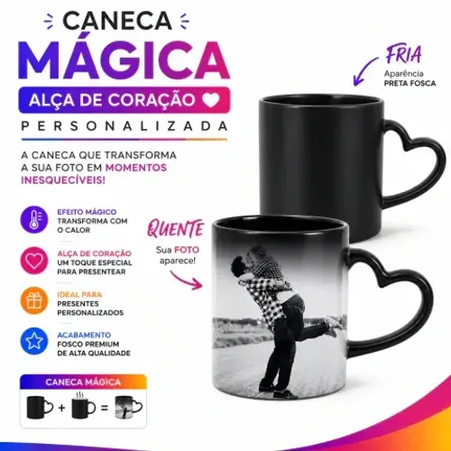 Caneca Porcelana Mágica Fosca com Alça de Coração