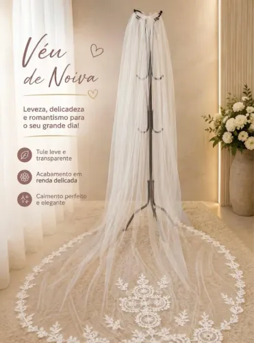 Véu de Noiva Longo com Renda - Modelo Catedral