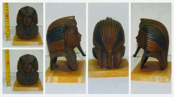 Busto Egípcio de Faraó em Metal sobre Base de Ônix - Peça de Coleção/Decoração Vintage