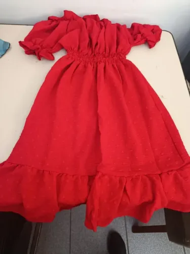 Vestido infantil estilo ciganinha com decote ombro e elástico na cintura 14 vermelho