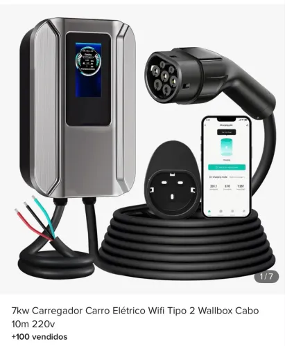 carregador veicular do tipo Wallbox de 7kW, com conexão Wi-Fi e cabo de 10 metros