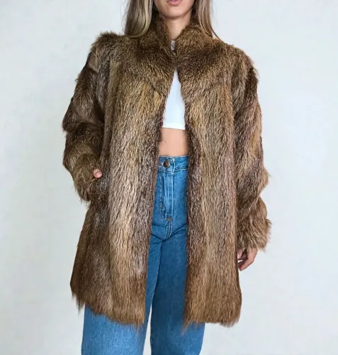 Casaco de pele natural marrom mesclado manga bufante Tam M/G