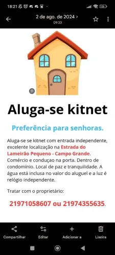 Aluga- se kitnet para senhoras sozinhas