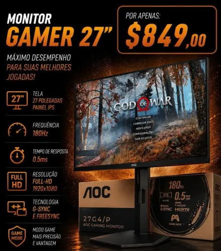 Monitor Gamer 27" AOC (IPS / 180Hz / 0.5ms / G-SYNC / FreeSync / Full-HD)