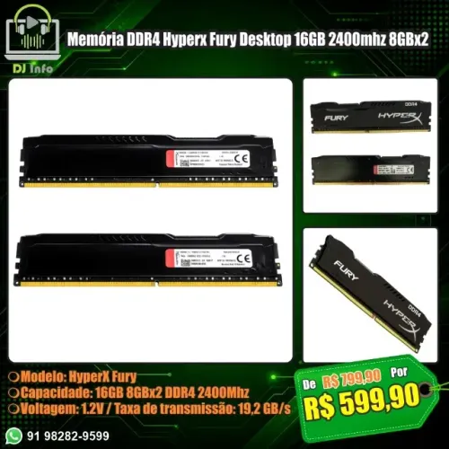Memória DDR4 Hyperx Fury Desktop 16GB 2400mhz 8GBx2
