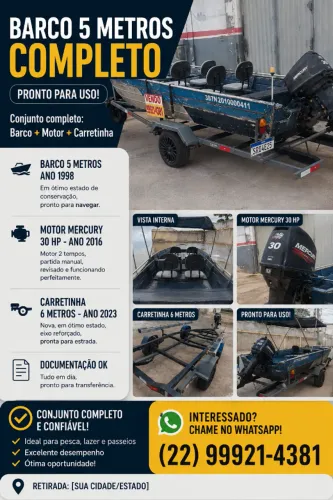BARCO 5 METROS COMPLETO - MOTOR MERCURY 30 HP + CARRETINHA