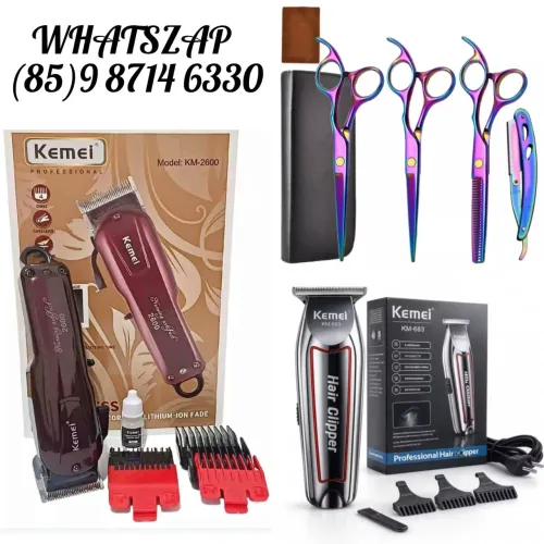 Kit barbeiro profissional.  Máquina Kemei cortar cabelo e tesouras.  Entrega grátis 