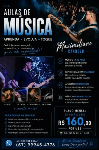 AULAS DE MÚSICAS | Violão | Guitarra | Contrabaixo | Teclado - Professor Particular