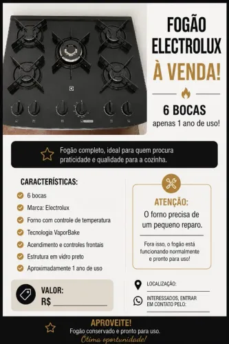 Fogão Electrolux 5 Bocas Preto | Mesa de Vidro | VaporBake | Excelente Estado