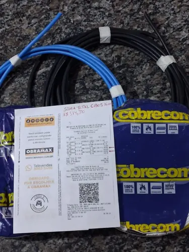 Fio de energia 16 mm 15 metros Com 5 metros de fio azul e 10 metros de fio preto cobrecom