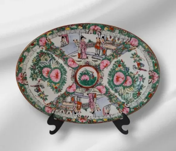 Travessa Porcelana Chinesa Rosas Borboleta Pássaros 36 cm
